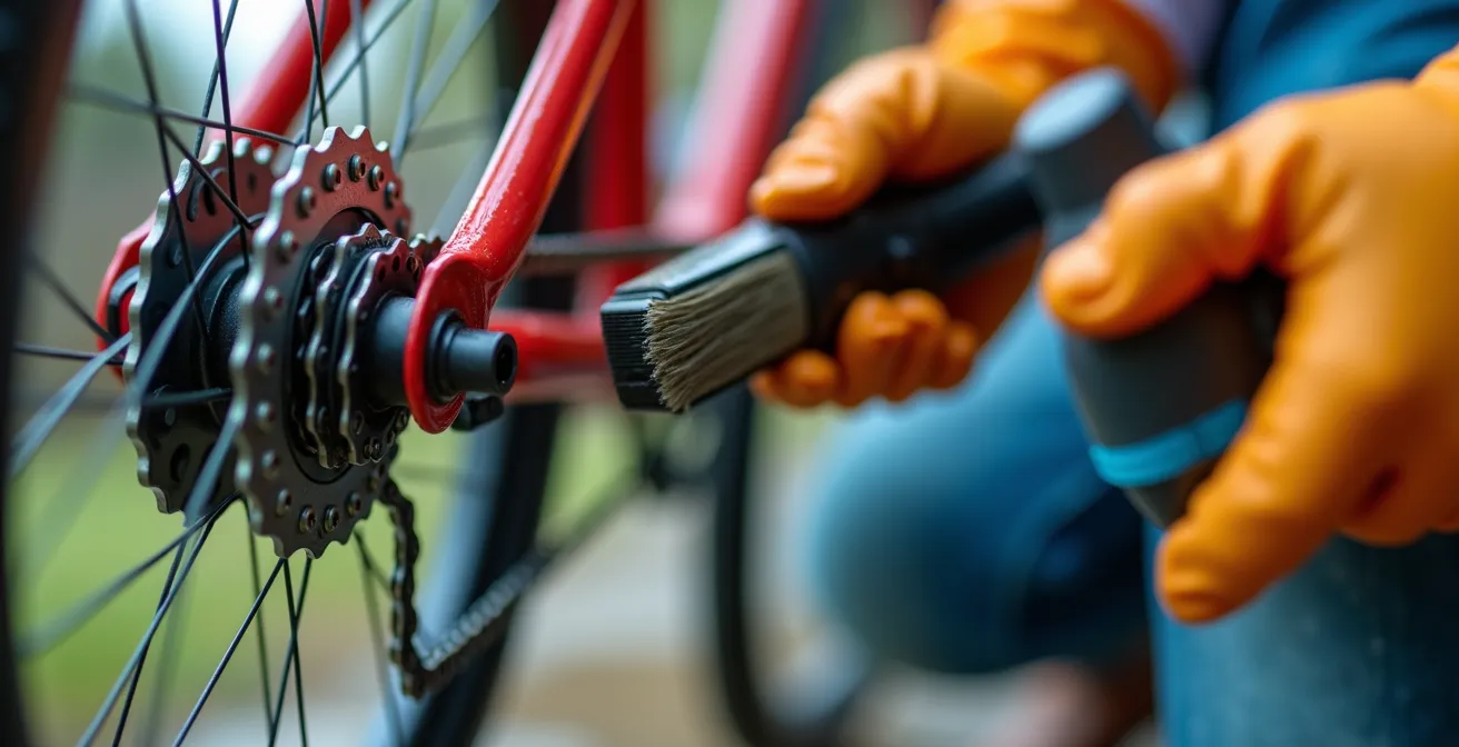 Gros plan sur le nettoyage minutieux d'une chaîne de vélo enfant avec une brosse spéciale