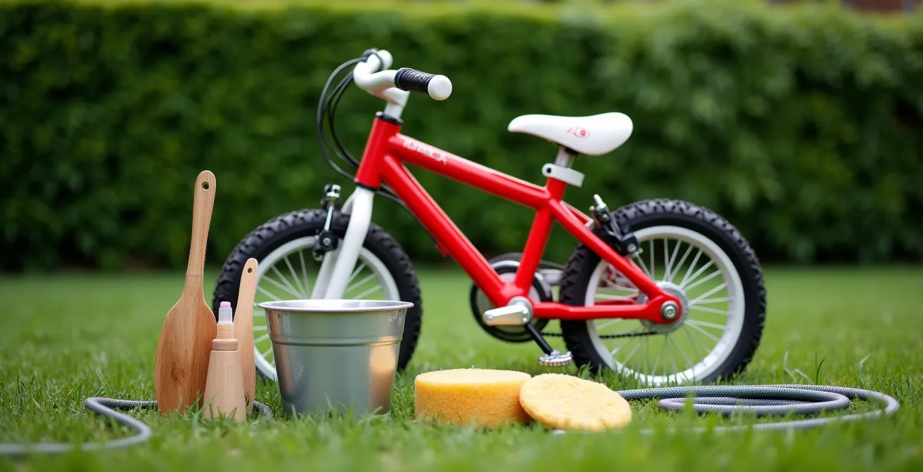 Nettoyage d'un vélo d'enfant dans un jardin avec produits écologiques et bassine d'eau
