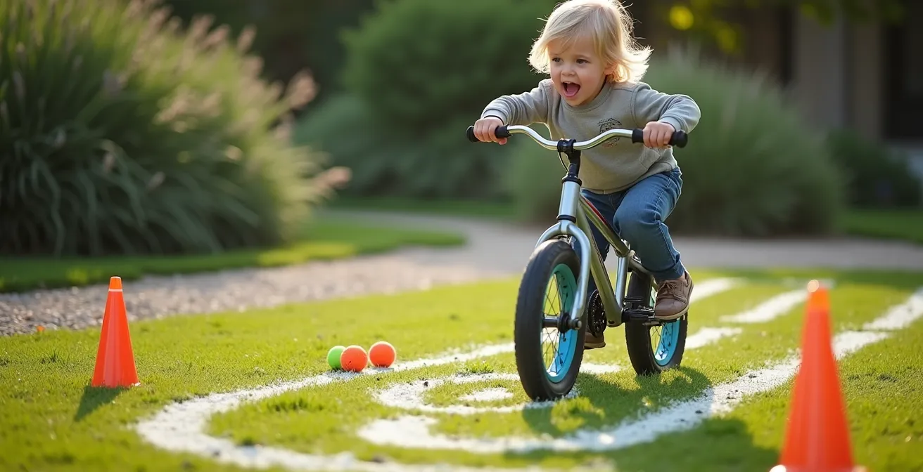 Un enfant en position dynamique sur son vélo effectue un arrêt précis dans une zone marquée à la craie avec des balles de tennis éparpillées autour