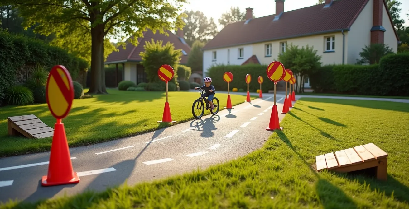 Parcours d'agilité vélo installé dans un jardin avec plots colorés et panneaux miniatures