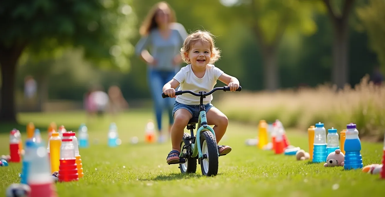 Enfant naviguant un parcours de slalom entre des bouteilles colorées dans un jardin