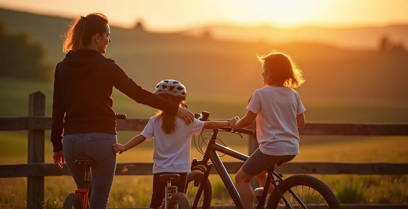 Un parent et son enfant côte à côte sur leurs vélos lors d'une pause contemplative face à un paysage
