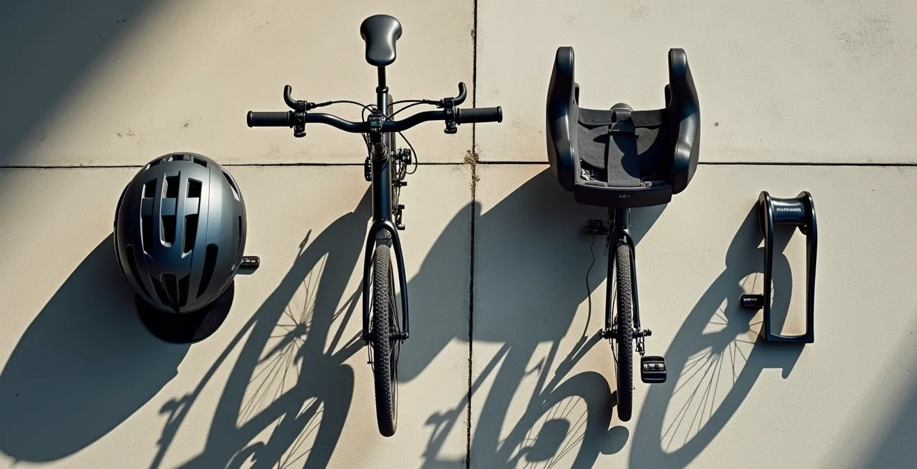 Détail d'un vélo parental avec tous les équipements de sécurité dans un environnement urbain français