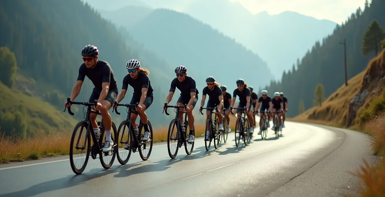 Groupe de cyclistes dans un virage en épingle d'un col alpin avec vue sur la vallée