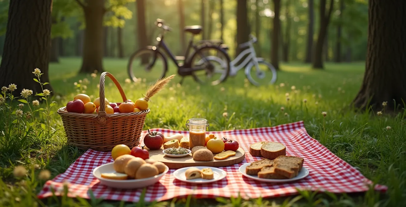 Vue aérienne d'un pique-nique familial disposé sur une nappe à carreaux dans une clairière ensoleillée.
