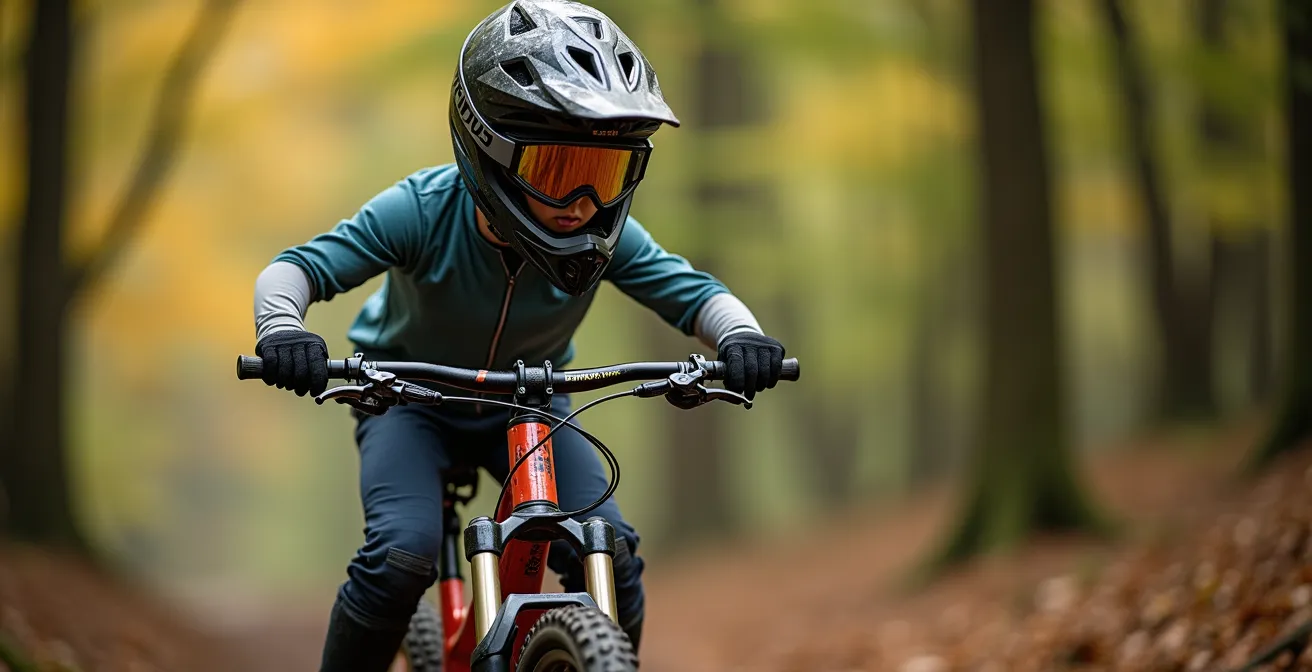 Enfant en position d'attaque sur VTT, bras et jambes fléchis, prêt à absorber les obstacles