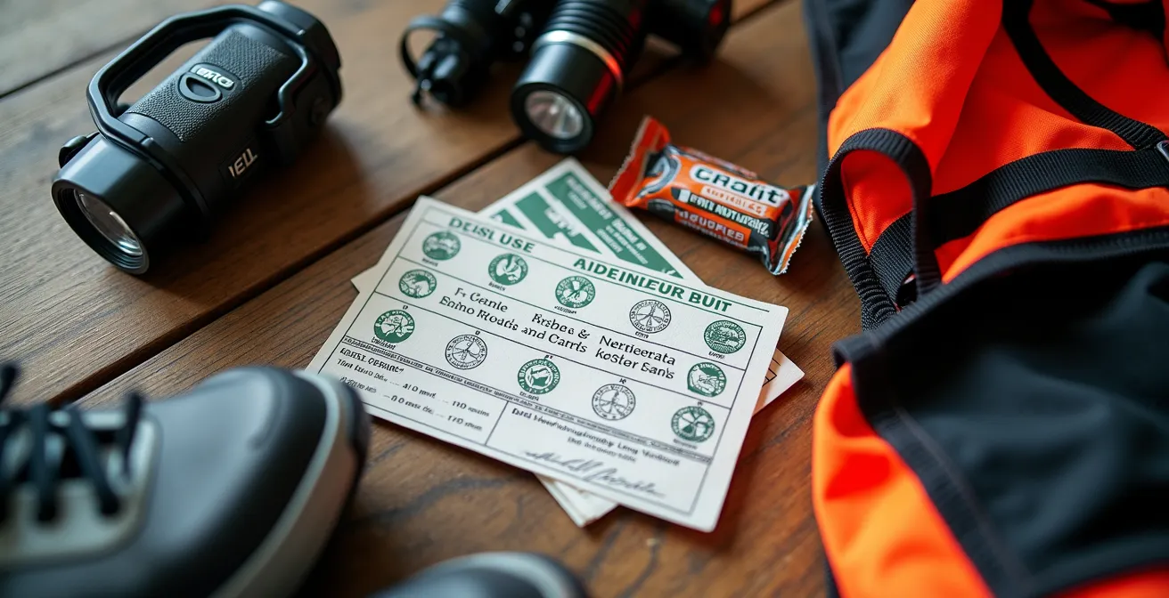 Équipement de cyclotourisme disposé sur une table en bois incluant carte de route, éclairages et gilet réfléchissant