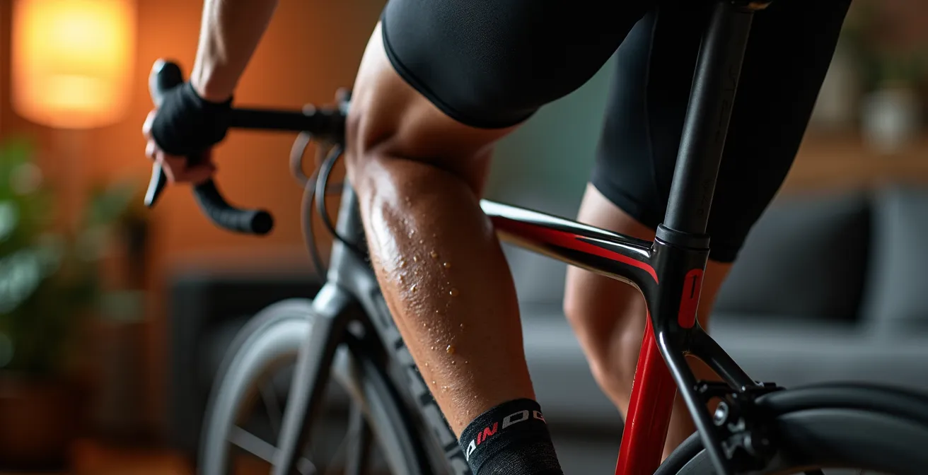 Cycliste en plein sprint sur home trainer avec gouttes de sueur visibles et expression intense