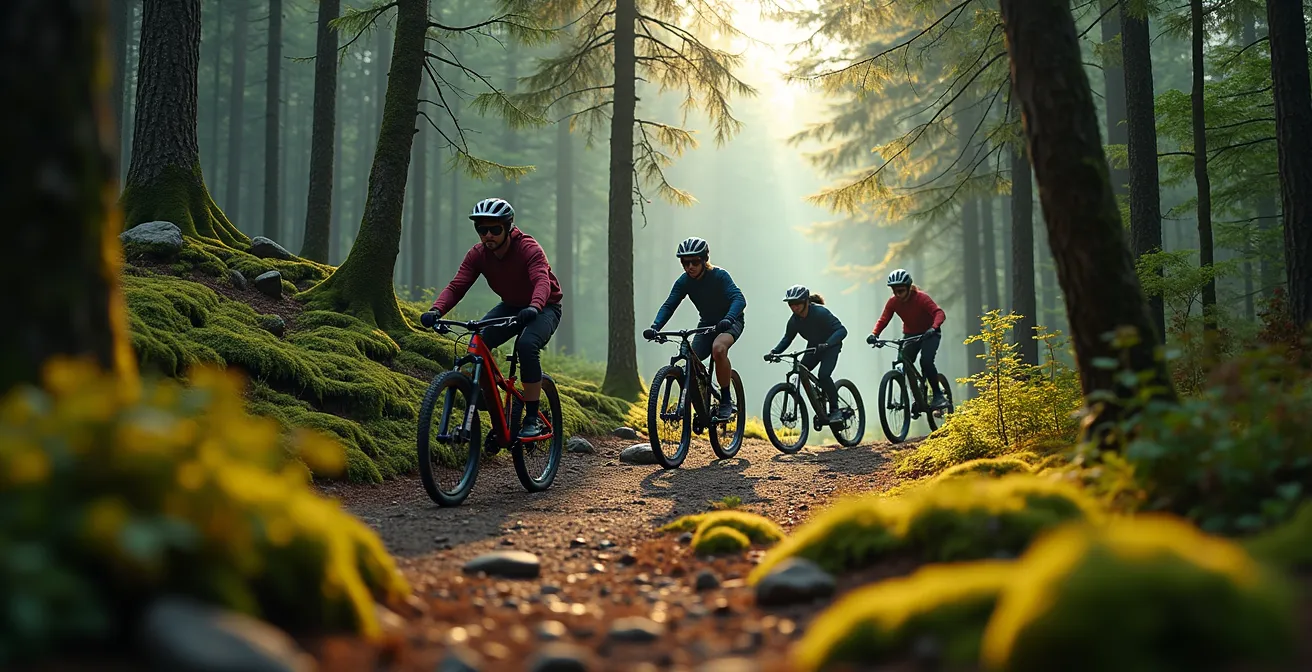 Vue latérale comparative de quatre VTT différents alignés sur un sentier forestier français