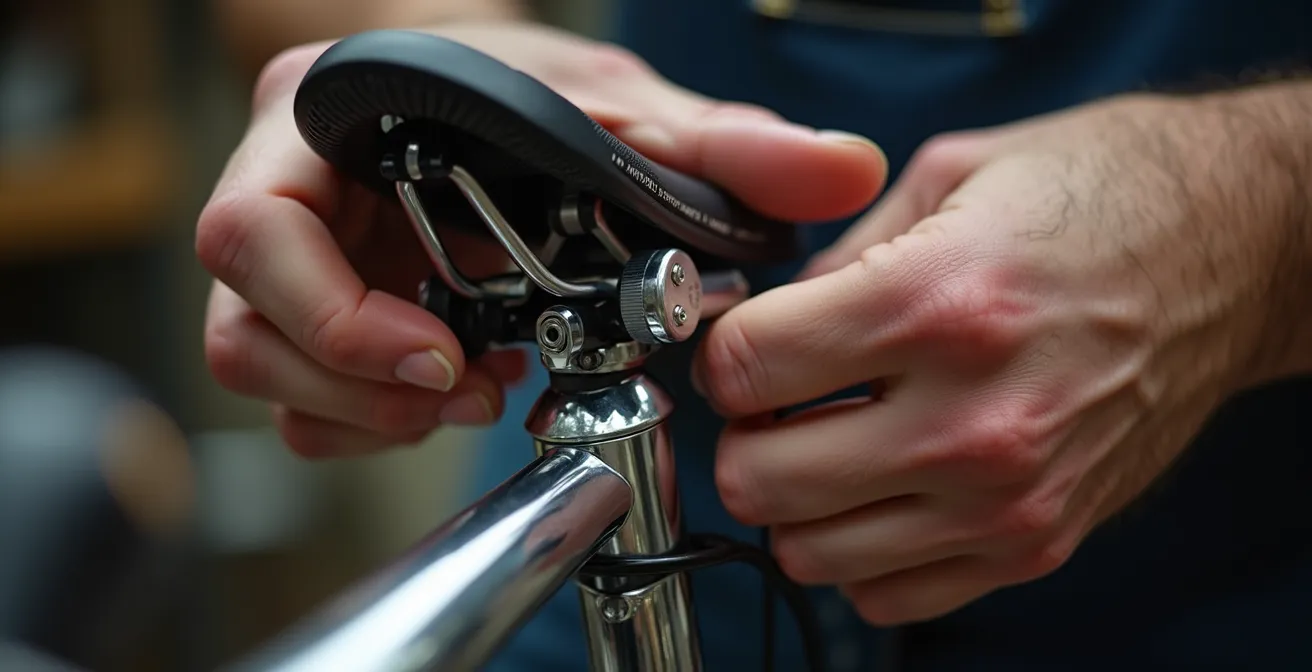 Gros plan sur les réglages d'un vélo avec une main ajustant la hauteur de la selle pour un confort optimal.
