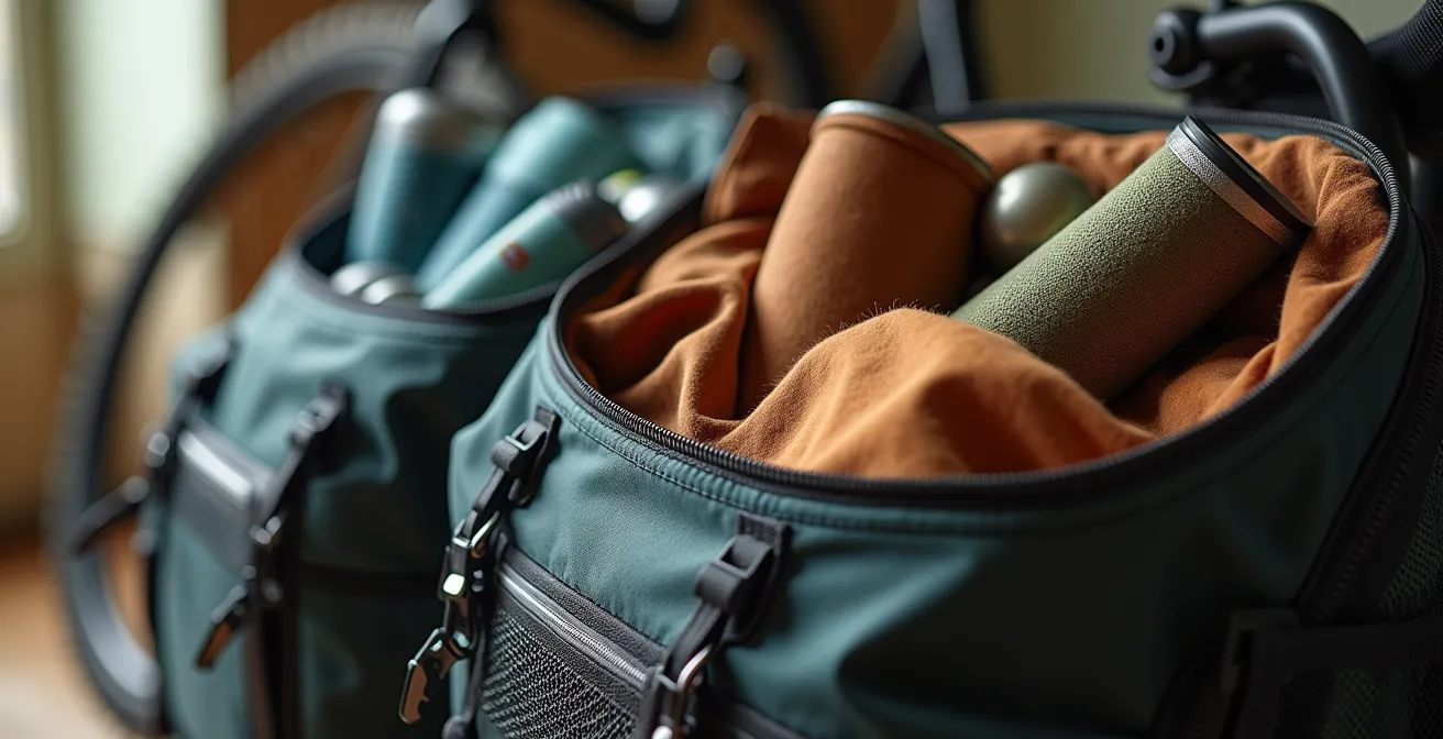 Gros plan sur des sacoches de vélo organisées avec du matériel de camping et des affaires d'enfants