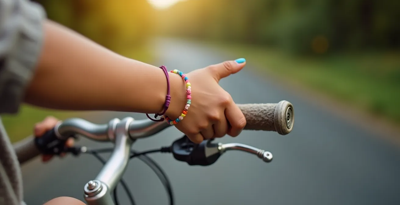 Gros plan macro sur les mains d'un enfant cycliste faisant un signal de direction sur son guidon