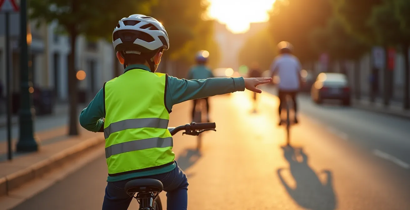 Enfant à vélo signalant un changement de direction avec son bras tendu en milieu urbain