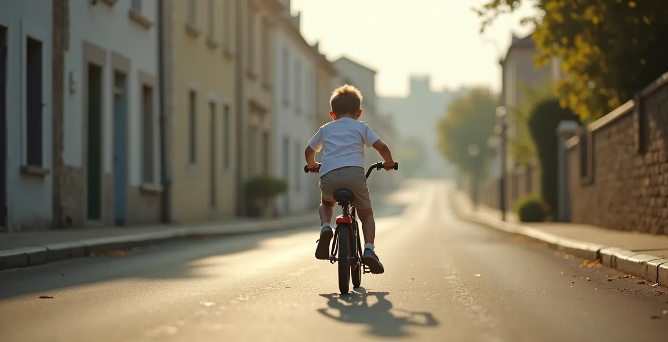 Enfant pratiquant la technique du super-départ en côte sur son vélo