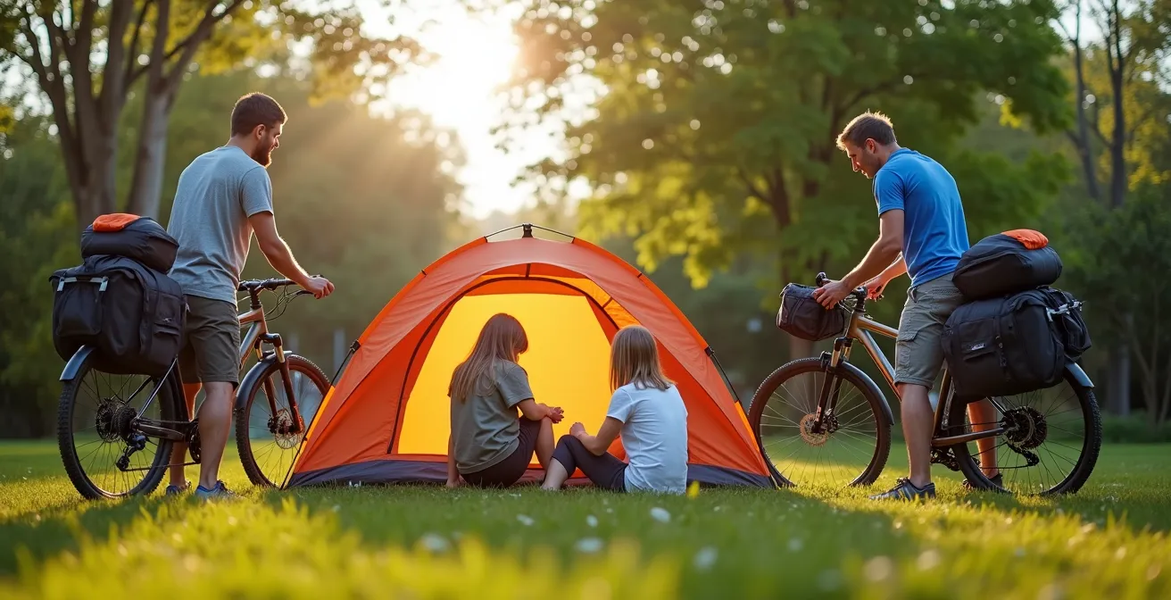Parents testant le montage d'une tente avec leurs enfants dans un jardin, vélos chargés en arrière-plan