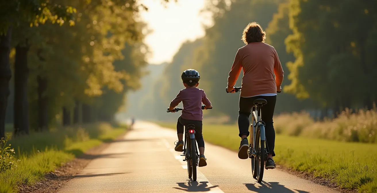 VTC équipé d'un siège enfant sur une piste cyclable française bordée d'arbres