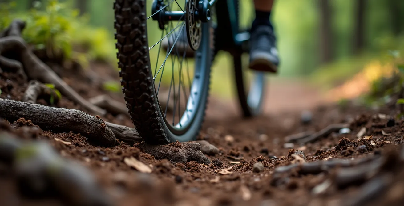 Vététiste concentré franchissant un passage technique avec racines en forêt
