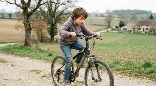 Enfant pédalant sur son VTT mono-plateau en chemin de campagne