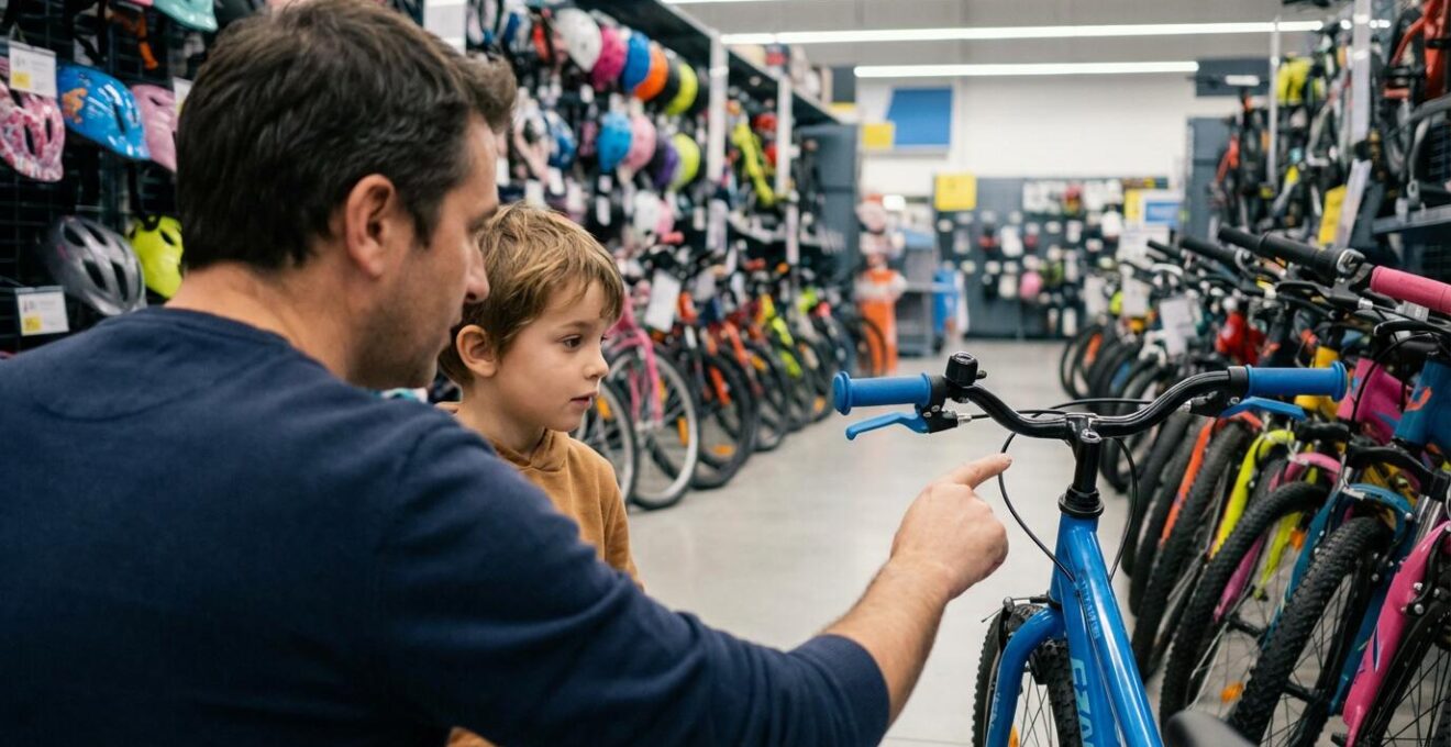 Parent et enfant choisissant un vélo enfant en magasin spécialisé