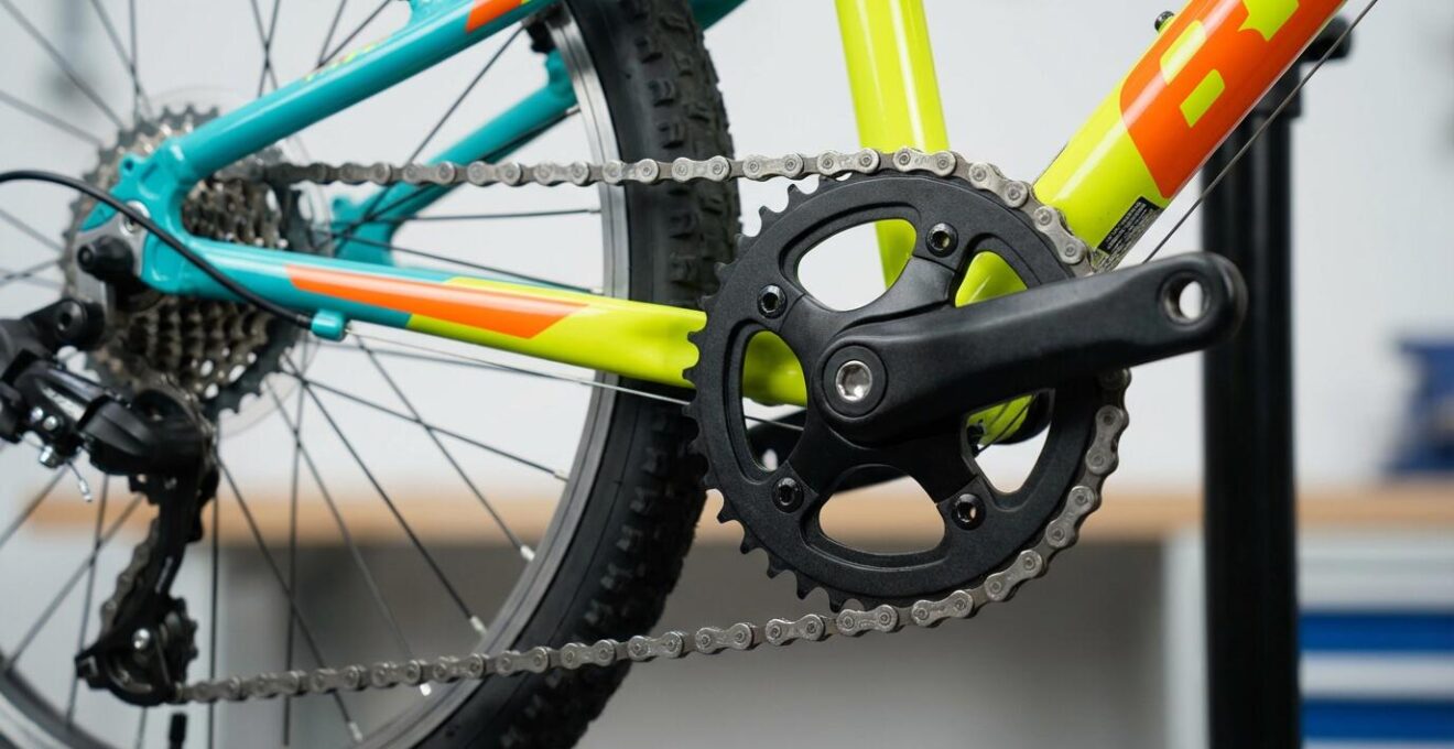 Gros plan transmission mono-plateau sur VTT enfant avec cassette large