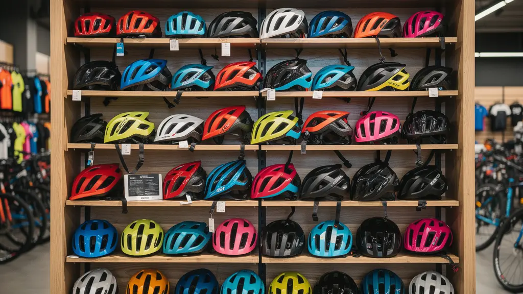 Assortiment de casques vélo colorés pour enfants et adultes sur étagère de boutique spécialisée