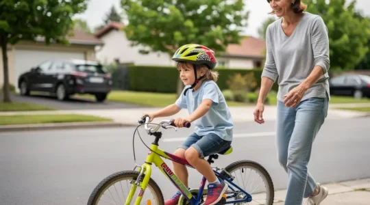 Enfant à vélo avec casque de sécurité coloré accompagné d'un parent en zone résidentielle