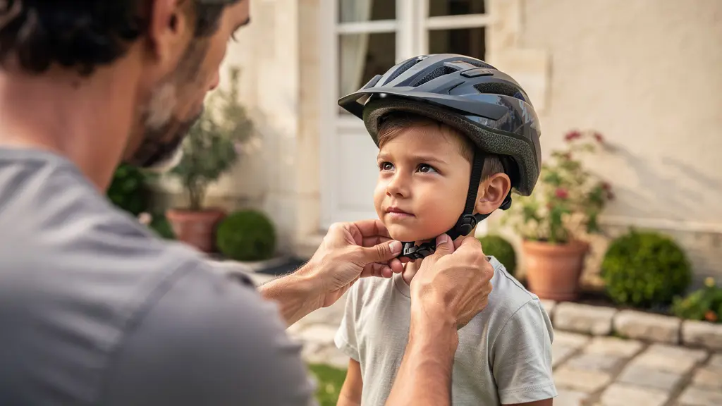 Parent ajustant la sangle du casque vélo de son enfant dans un cadre familial